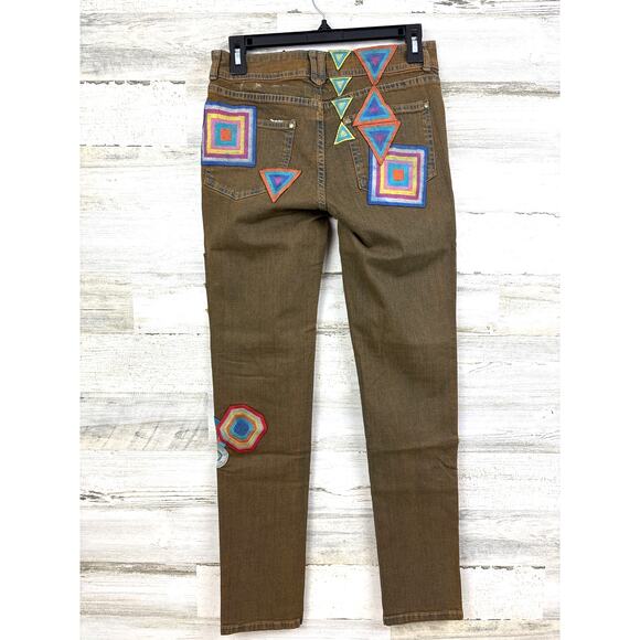 Revolve Chaser Women’s 27 Green Patched Boho Skinny Denim Jeans Retro NWT - Picture 3 of 7